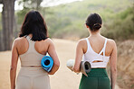 Fitness, back view or friends in nature for yoga exercise to start workout or body training together. Healthy athlete girls walking, relaxed women or people ready to start outdoor exercising on a mat