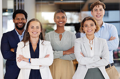 Buy stock photo Teamwork, smile and portrait of business people in office with crossed arms, startup success and leadership. Collaboration, diversity and happy employees with mission, company pride and support