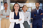 Leadership, smile and portrait of business people in office with crossed arms, startup success and teamwork. Collaboration, diversity and happy employees with mission, company pride and work support