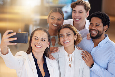 Buy stock photo Selfie, group of people or office team in social media post, online diversity promotion and business photography. Happy professional friends, career influencer or gen z staff in a profile picture