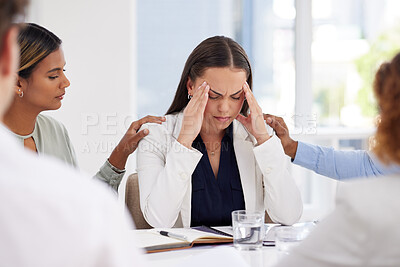 Buy stock photo Business woman, stress or headache in meeting with team for support on mental health and anxiety. Corporate leader with depression, burnout fatigue or problem while tired and frustrated in office