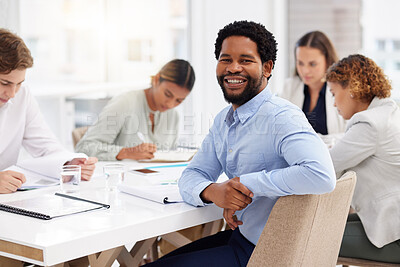 Buy stock photo Happy black man, portrait and business meeting with team, management and staff in office for company workshop. Smile, motivation and male worker in startup, collaboration and corporate opportunity