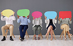 Speech bubble, business people and hide face on chair for recruitment, hiring and diversity in office. Corporate group, businessman and women with opinion, opportunity and team building with poster