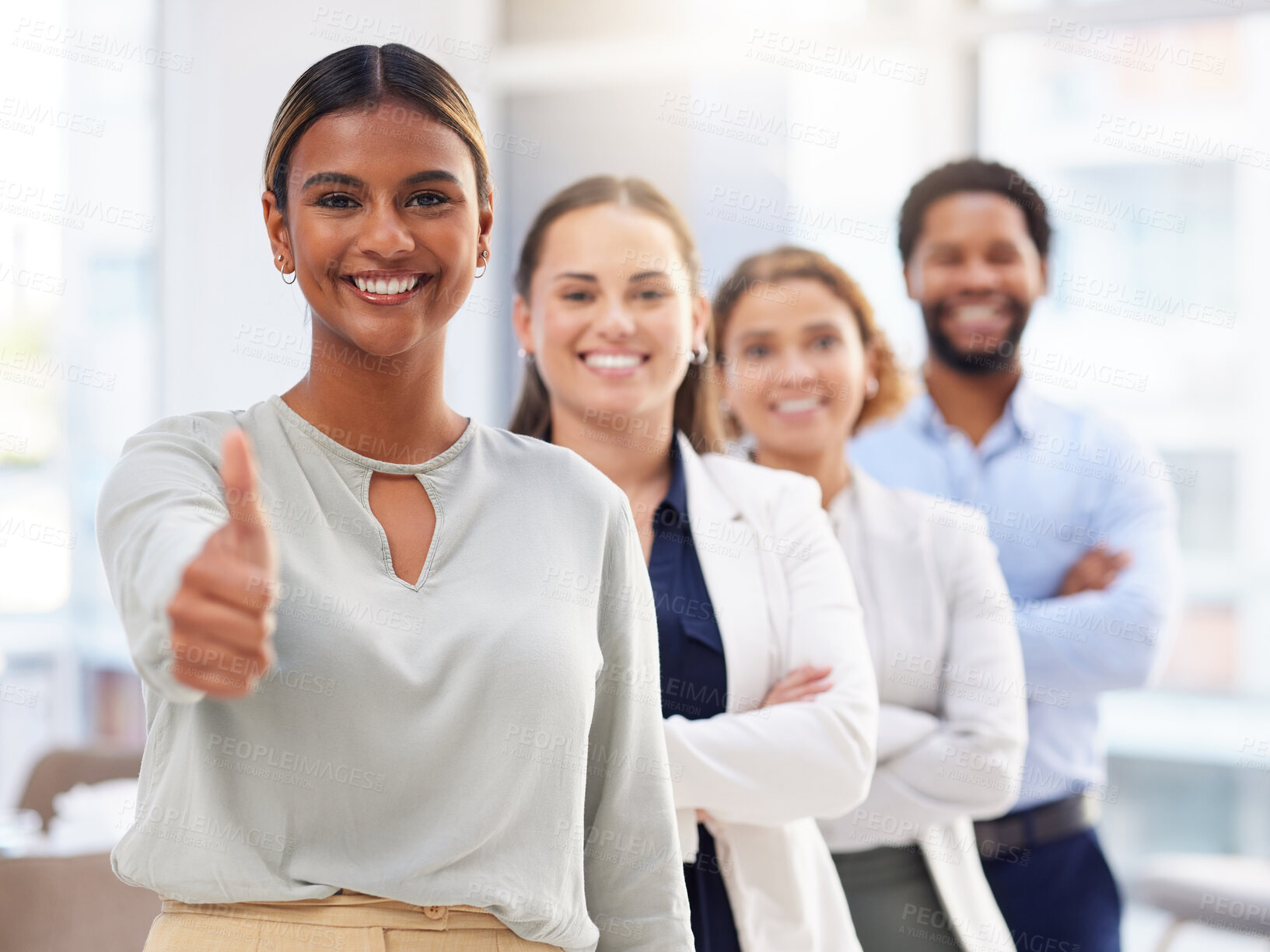 Buy stock photo Thumbs up, smile and portrait of business people in office for teamwork, startup success and leadership. Collaboration, diversity and happy employees with hand sign for mission, thank you and support