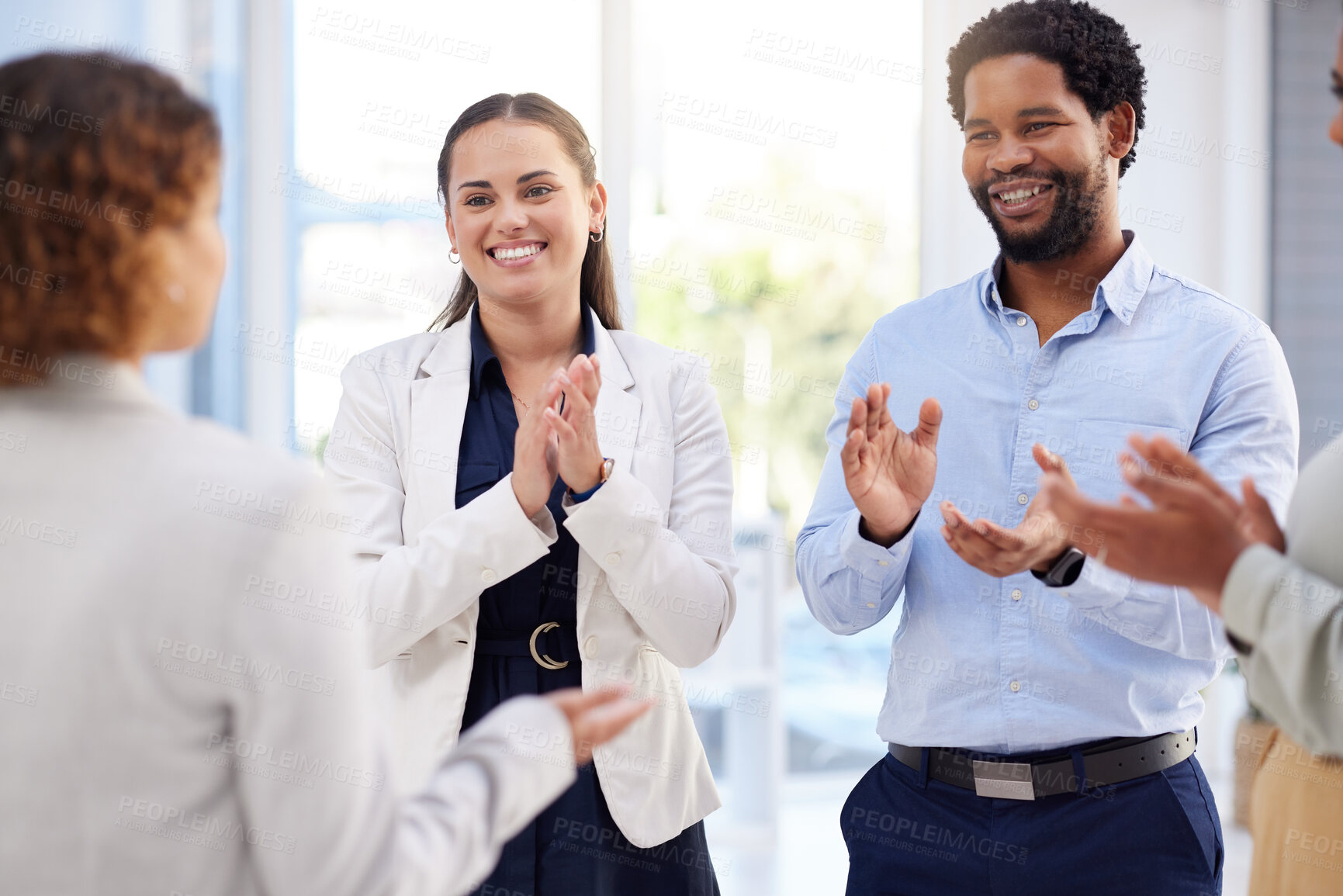 Buy stock photo Applause, business and people in office for teamwork, congratulations and celebrate opportunity. Diversity, support and happy employees clapping hands for success, winning and celebration with pride