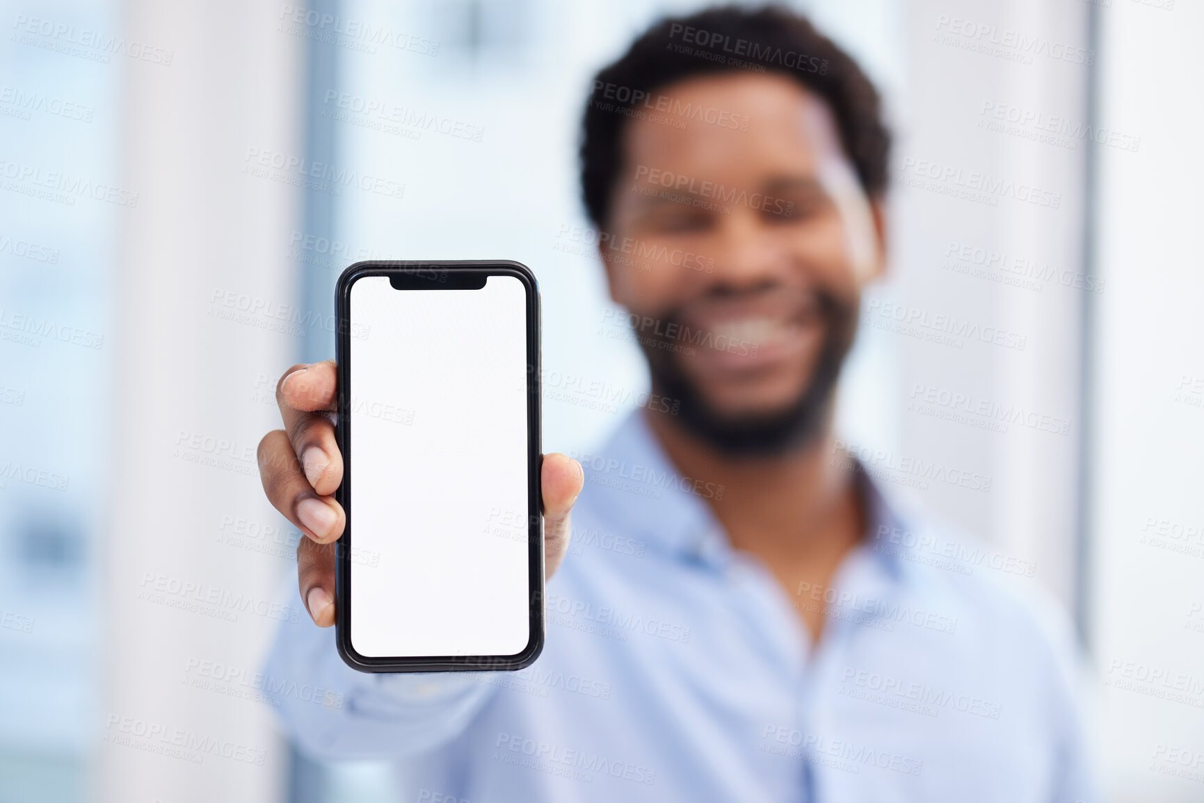 Buy stock photo Phone screen, mockup and man hand for business mobile app, ui ux design or product placement space. Website, social media person and online african professional show smartphone or cellphone mock up