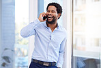 Business, black man and laughing for phone, call and talking in office, company and communication. Happy worker, smartphone and conversation for mobile networking, contact and connection of happiness