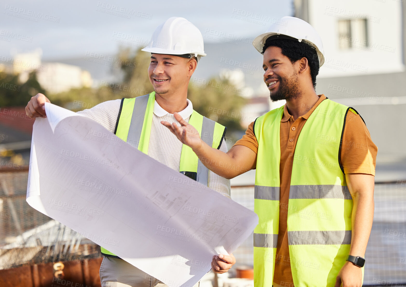 Buy stock photo Engineer, employees and men with blueprints, construction site and conversation for planning, process and collaboration. Architecture, male manager and architect with paper and property development