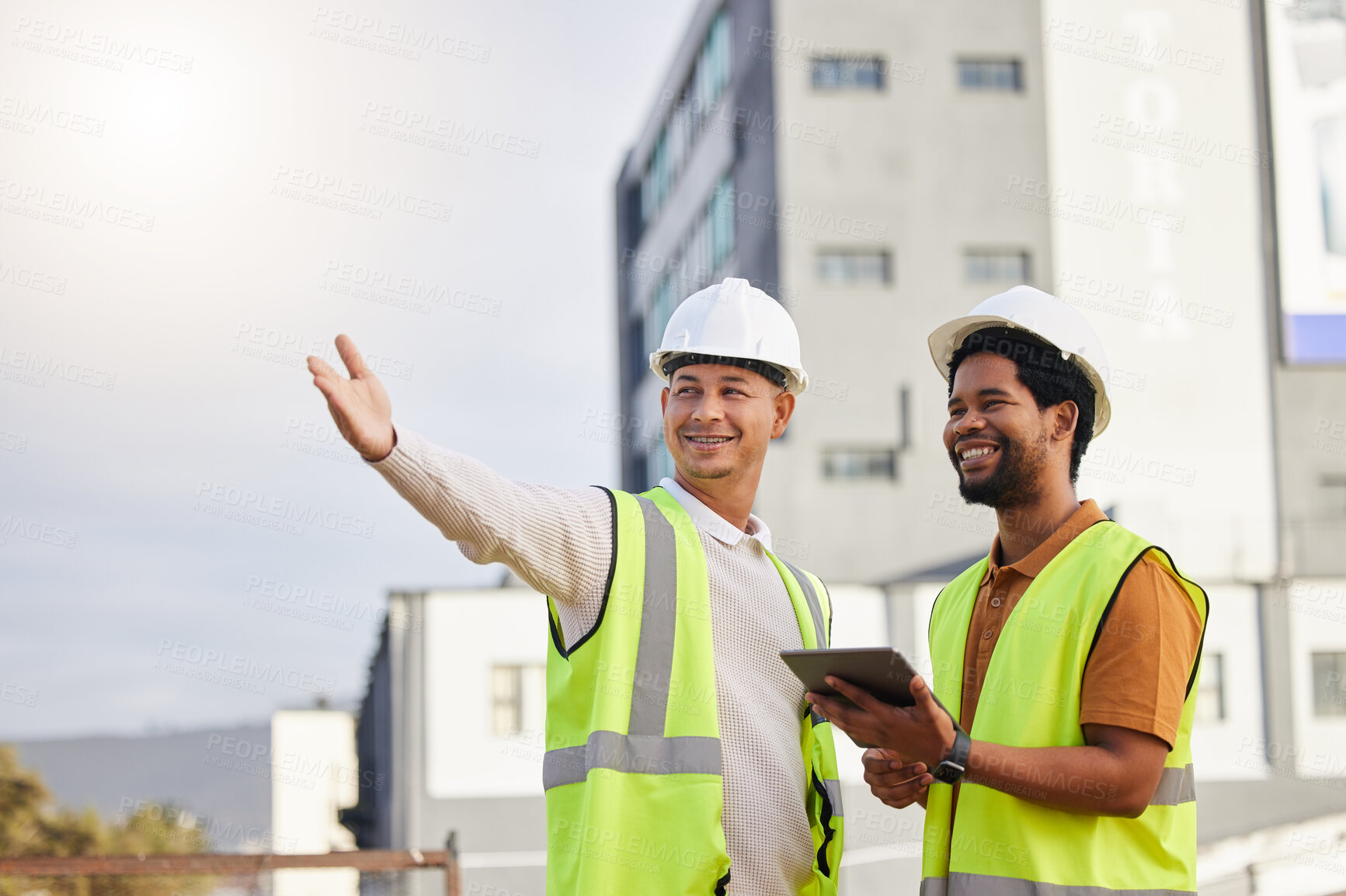 Buy stock photo Tablet, teamwork or architecture with an engineer man and designer planning on a construction site. Architect, building and collaboration with men working together to design a development project