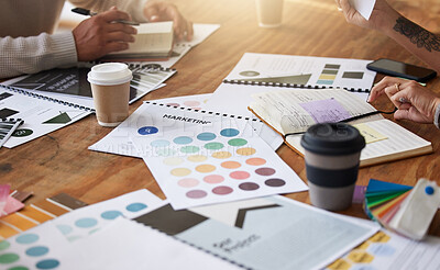 Buy stock photo Creative, hands and color palette on table for planning, meeting or brainstorming in design strategy at office. Hand of group interior designers in teamwork, project plan or swatch ideas for startup