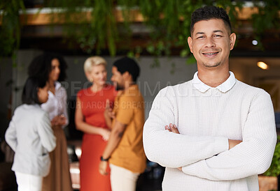 Buy stock photo Portrait, smile and business man with arms crossed and pride for career or job. Ceo, professional mindset and happy, proud and confident male entrepreneur from Brazil in office workplace at night.