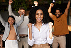 Black woman, team and business celebration portrait for winning, success and achievement. Diversity men and woman leader celebrate for company growth, bonus deal or goals while cheering for teamwork