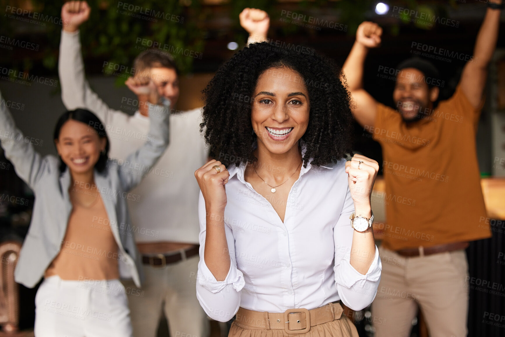 Buy stock photo Black woman, team and business celebration portrait for winning, success and achievement. Diversity men and women with leader celebrate for company growth, bonus deal or goals cheering for teamwork