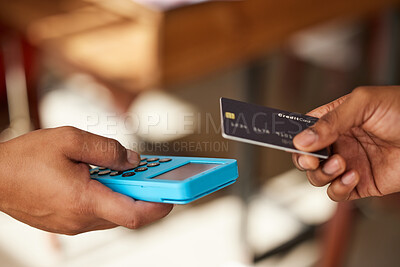 Buy stock photo Credit card, hands and payment on pos machine for fintech, banking or ecommerce. Digital technology, point of sales and man or customer buying, paying or tap on device for retail shopping or b2c.