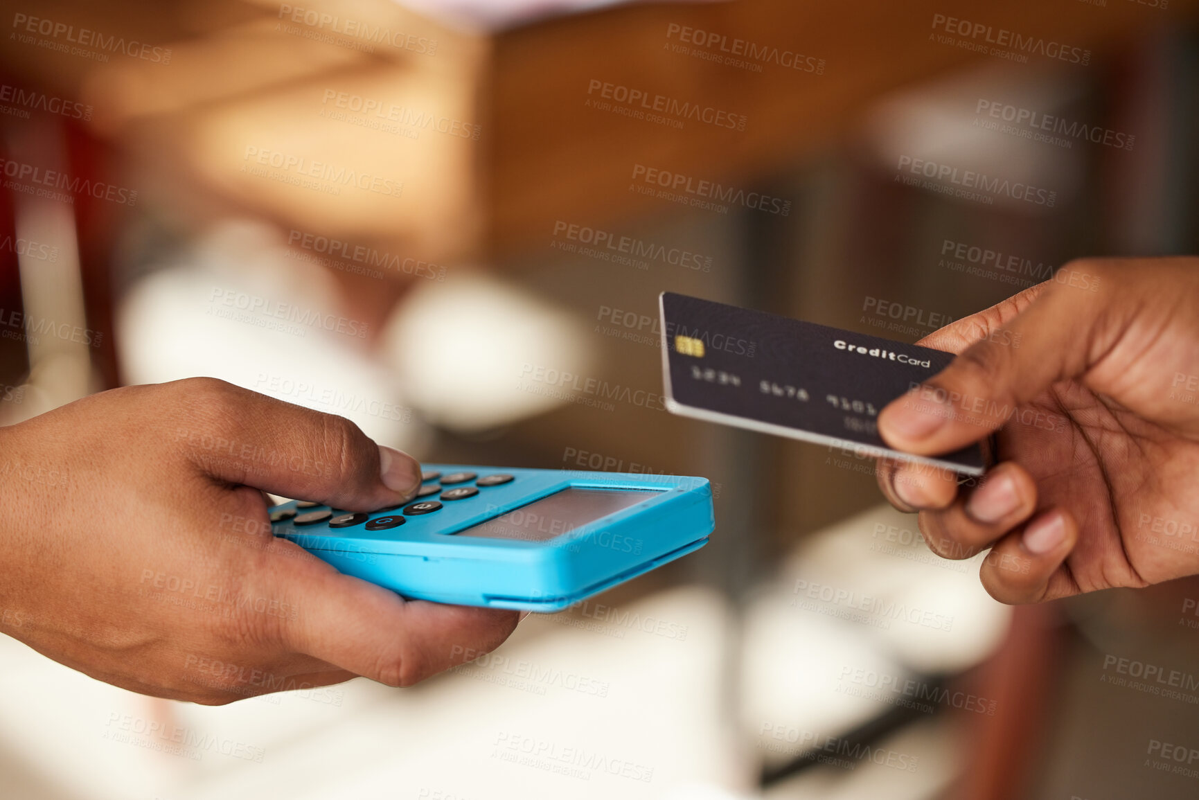 Buy stock photo Credit card, hands and payment on pos machine for fintech, banking or ecommerce. Digital technology, point of sales and man or customer buying, paying or tap on device for retail shopping or b2c.