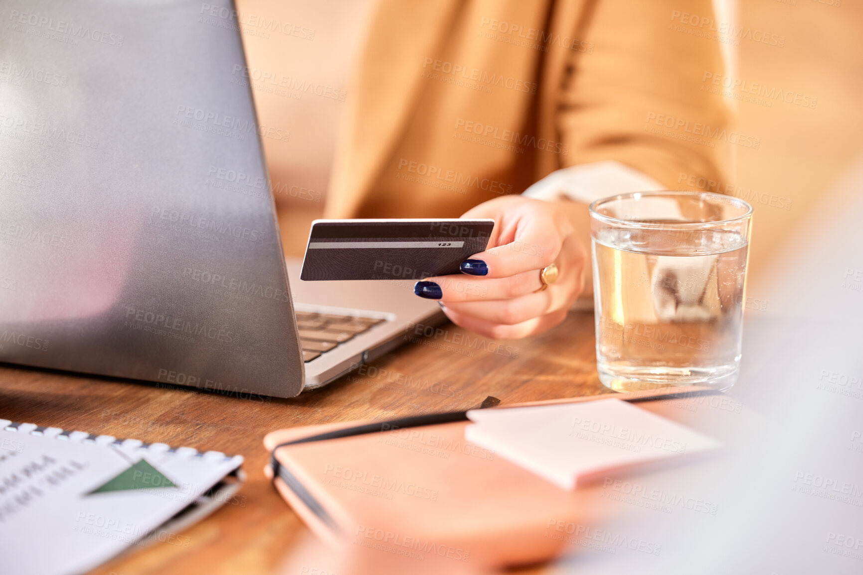 Buy stock photo Online shopping, laptop and hand of woman with credit card for internet banking, ecommerce and payment. Fintech, business and female with computer for financial budget, website store and purchase