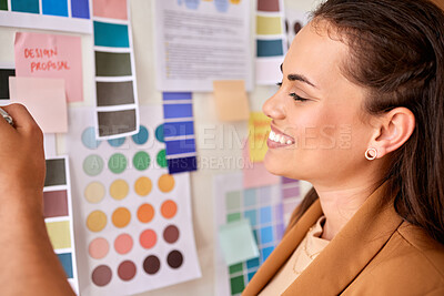 Buy stock photo Designer, color palette and woman planning creative project, startup brand development and moodboard inspiration. Ideas, brainstorming and happy design worker or person choice or decision proposal