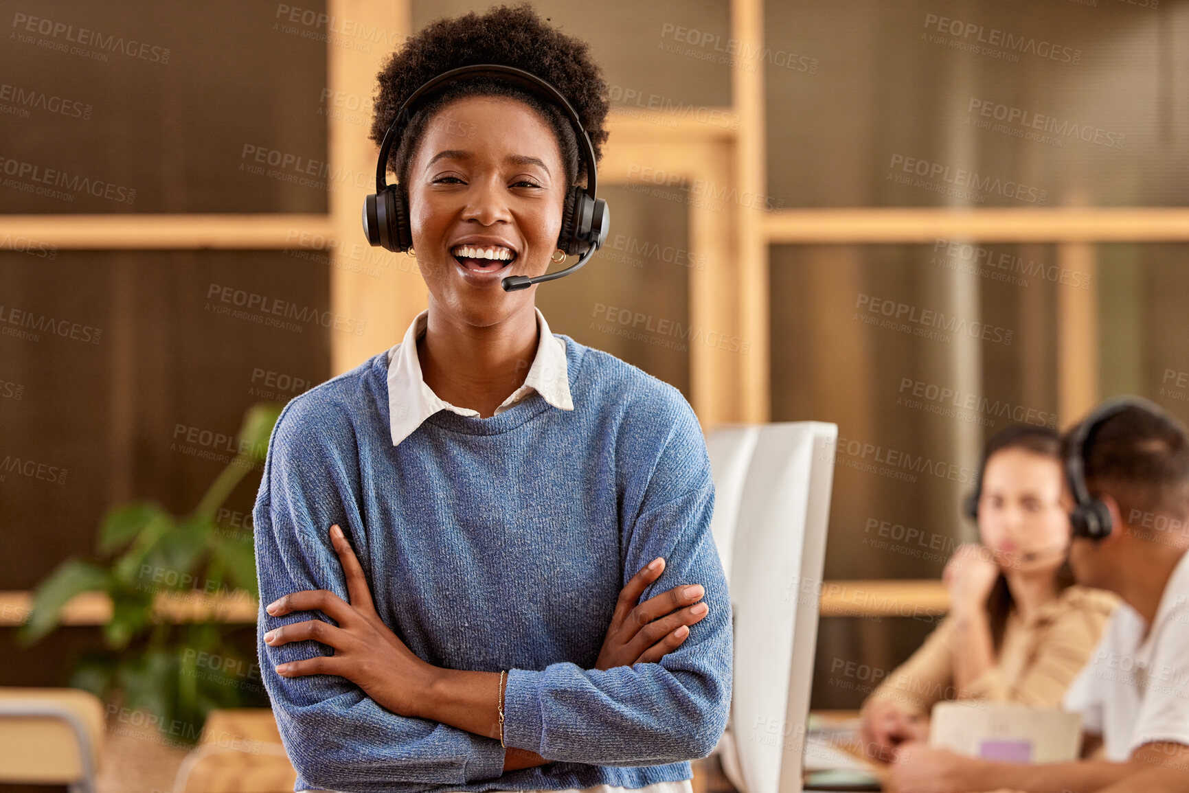Buy stock photo Call center, arms crossed and portrait of black woman laughing at funny joke in customer service office. Crm consulting, proud sales agent and happy telemarketer, representative or female consultant.