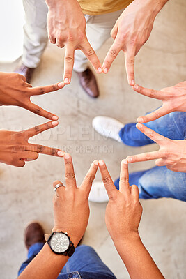 Buy stock photo Shape, above and hands of business people in a star for team building, peace and support. Motivation, together and hands of employees with a sign for collaboration, friends and group solidarity