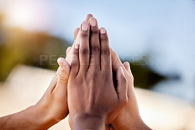 Buy stock photo Hands, group and people high five for support, solidarity and teamwork of success, agreement and trust. Hand, partnership and celebrate collaboration of community, motivation and winner achievement 