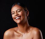 Cosmetics, funny and black woman with happiness,  organic facial and cheerful on dark studio background. Skincare, African female and girl with dermatology, joyful and facial expression with wellness