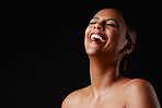 Mockup, skincare and black woman with beauty, funny and joy facial expression on dark studio background. Cosmetics, African American female or girl with makeup, dermatology or skin treatment for glow