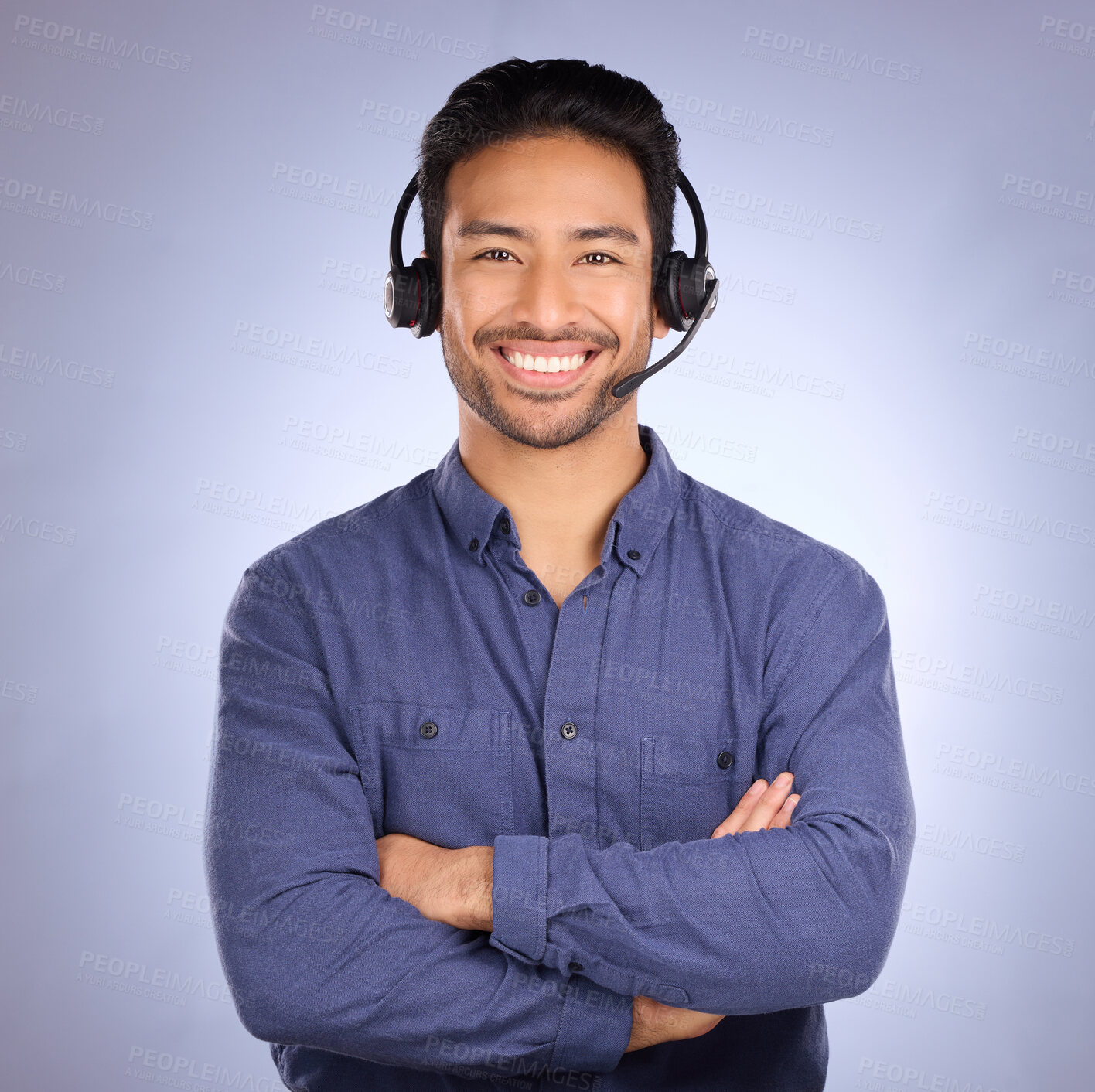 Buy stock photo Arms crossed, call center and smile with portrait of man for customer service, business and technical support. Networking, communication and contact us with employee for sales, crm or happy in studio