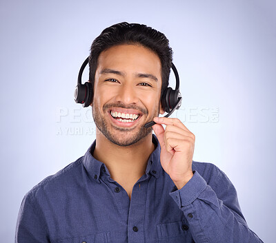 Buy stock photo Happy, call center and smile with portrait of man for customer service, help desk and technical support. Networking, communication and contact us with employee for sales, crm and consultant in studio