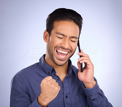 Buy stock photo Phone call, celebration and business man in studio excited about good news and promotion. Happiness, success and online competition achievement with a smile from winning and cellphone motivation
