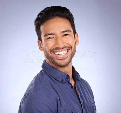 Buy stock photo Business man, smile and portrait of a marketing manager from the Philippines in a studio. Isolated, blue background and happiness of a businessman and entrepreneur ready for professional working