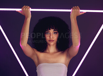 Buy stock photo Neon, black woman and beauty portrait light or purple uv triangle for makeup, cosmetics and self love. Face of aesthetic gen z model person on dark background for natural art glow fashion in studio