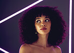 Beauty, purple light and a woman in studio with neon uv for makeup, skin cosmetic and self love. Face of aesthetic gen z black person model on gray background for natural afro or art glow and fashion