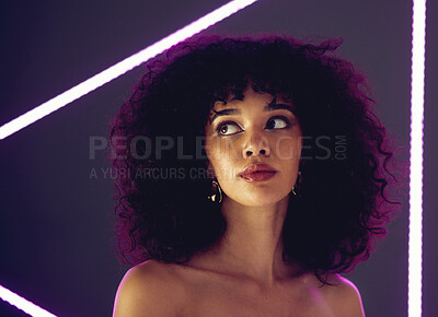Buy stock photo Beauty, purple light and a woman in studio with neon uv for makeup, skin cosmetic and self love. Face of aesthetic gen z black person model on a background for natural afro or art glow and fashion