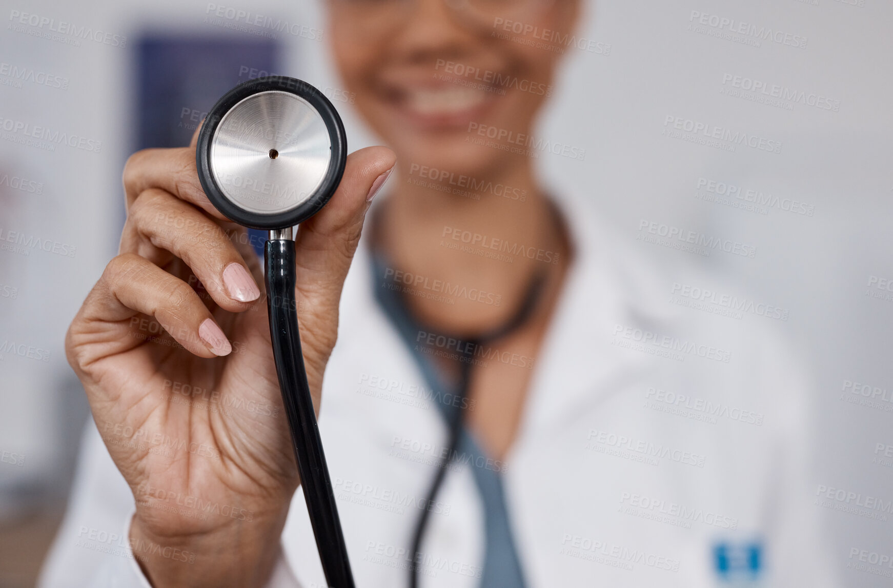 Buy stock photo Cardiology doctor, stethoscope closeup and black woman in healthcare, heart wellness and consultation pov. Friendly medical professional or cardiologist in clinic or hospital exam with happy service