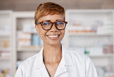 Buy stock photo Portrait, healthcare and pharmacist black woman smile for medicine, professional services and pharmacy industry. Pharmaceutical doctor, medical expert or person in drugs store or clinic for advice