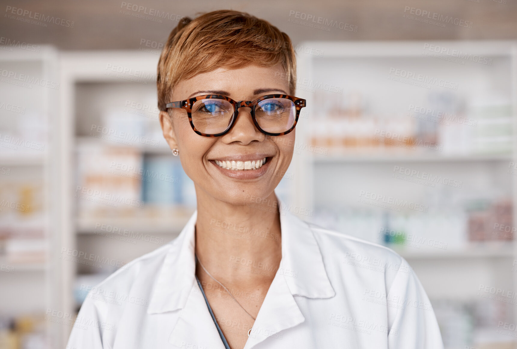 Buy stock photo Portrait, healthcare and pharmacist black woman smile for medicine, professional services and pharmacy industry. Pharmaceutical doctor, medical expert or person in drugs store or clinic for advice