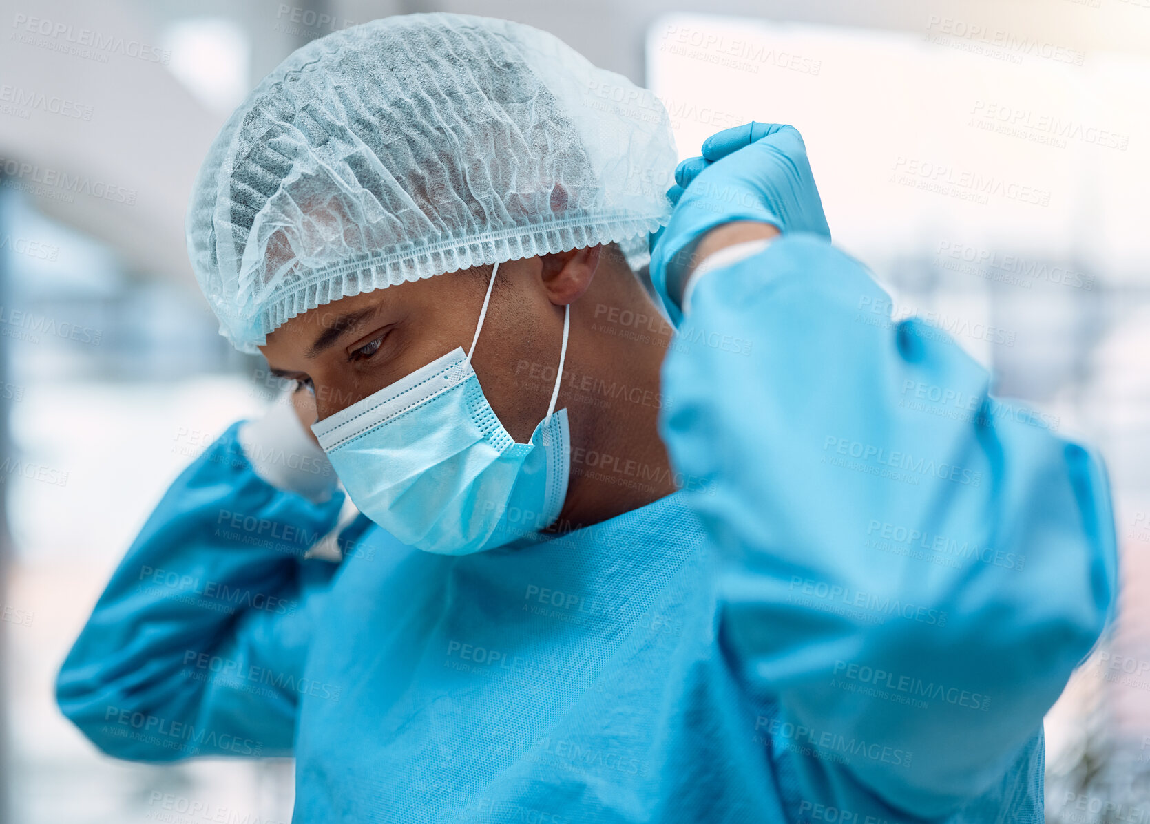 Buy stock photo Surgeon, doctor and surgery with face mask and health, man in ppe for safety, operation and ready for procedure. Cardiovascular healthcare, clean scrubs and person in clinic with male physician