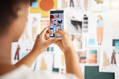 Buy stock photo Person hand taking picture of fashion designer moodboard, creative inspiration and planning a social media post. Artist or digital influencer photography, smartphone screen and clothes blog aesthetic