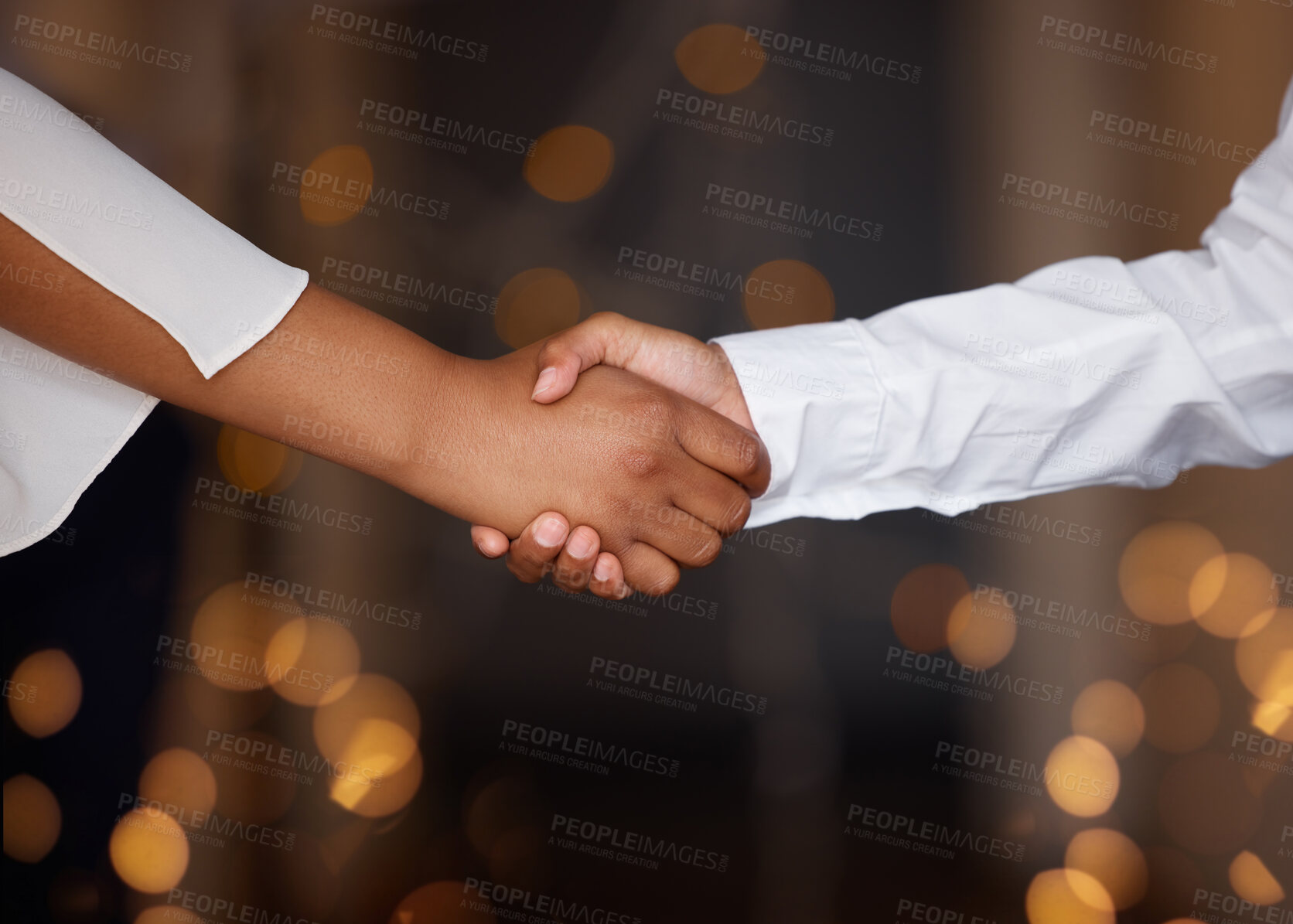 Buy stock photo Partnership, deal and business people shaking hands in a office with a bokeh background. Welcome, greeting and team doing a handshake gesture for connection, agreement or onboarding in the workplace.