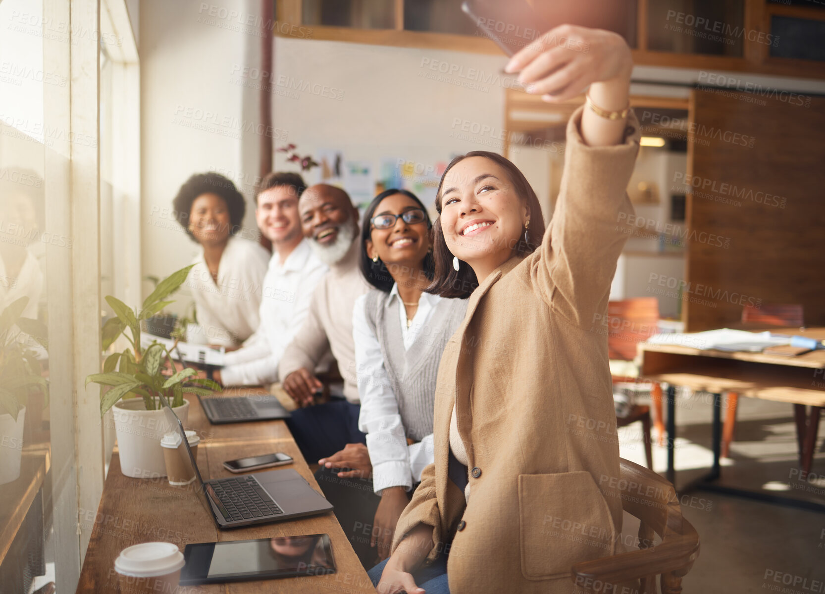 Buy stock photo Selfie, friends and social media with a business team working in a boardroom of their corporate workplace. Teamwork, profile picture or startup with a group of people posing for a photograph together