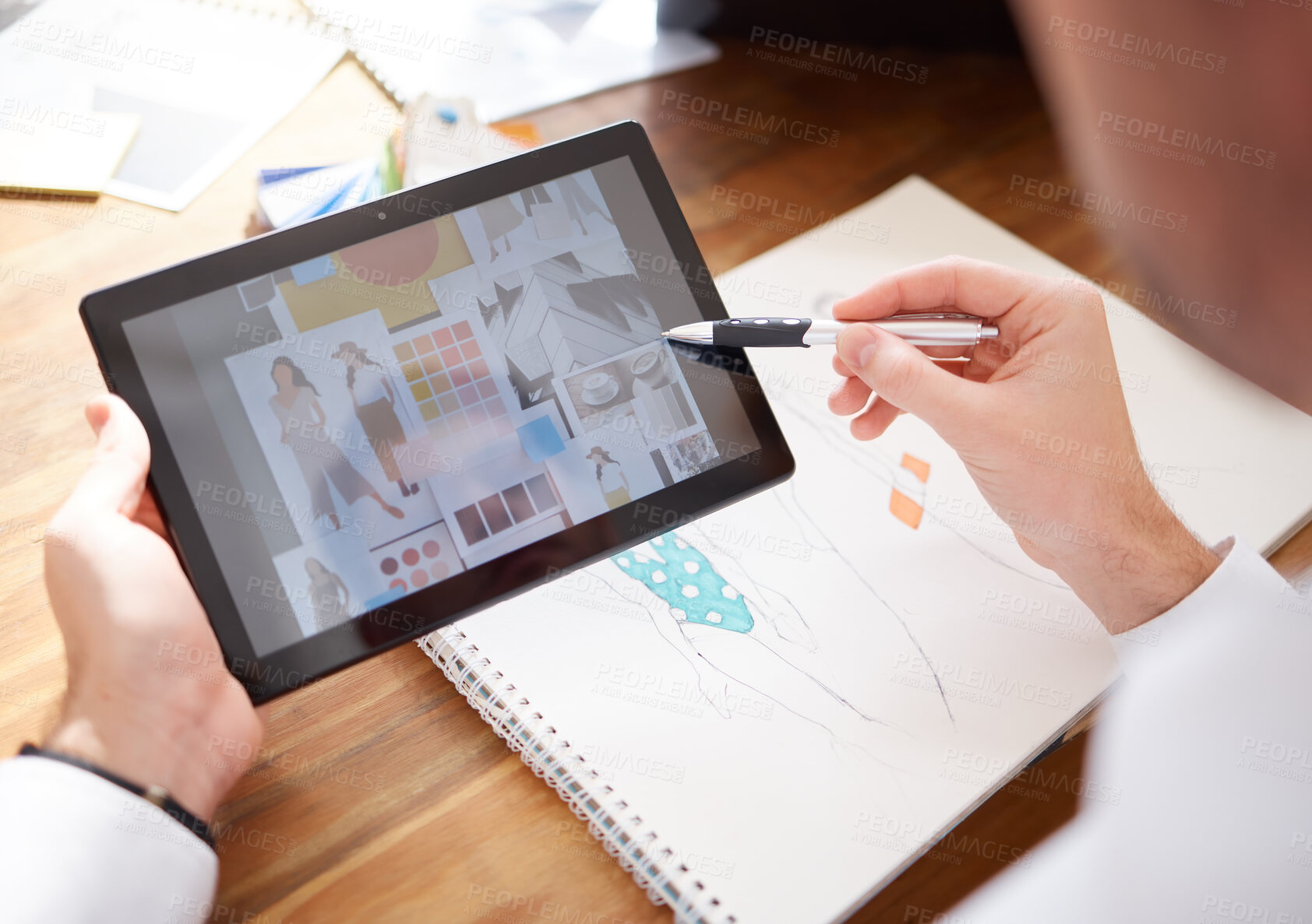 Buy stock photo Fashion designer, tablet and hands of woman with drawing for ideas, clothes design and inspiration in creative studio. Boutique, workshop and girl with illustration, graphic and digital art on screen