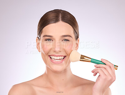 Buy stock photo Face, beauty and brush with powder makeup and woman with smile in portrait, cosmetic tools on studio background. Facial, cosmetology and skin glow with shine, skincare and hand with foundation