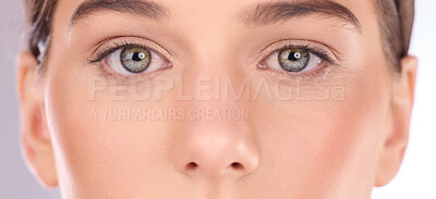 Portrait, eyes and woman in studio for makeup, beauty and skincare treatment closeup. Face, zoom and microblading or mascara for girl model with luxury lash, cosmetic or skin cosmetology satisfaction