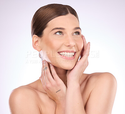 Buy stock photo Skincare, happy and hands on face of woman in studio for grooming, cosmetics and wellness on gradient background. Beauty, smile and girl model relax in luxury, makeup and skin dermatology routine