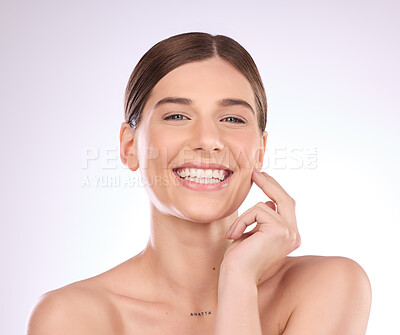 Buy stock photo Beauty, woman and portrait in studio for skincare, dermatology and wellness cosmetics on background. Happy female model, smile and aesthetic glow of shine, laser transformation and facial spa results