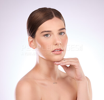 Buy stock photo Beauty, skincare portrait or girl model with self love in daily grooming treatment with natural makeup cosmetics. Dermatology, mock up studio space or face of woman with healthy luxury facial routine