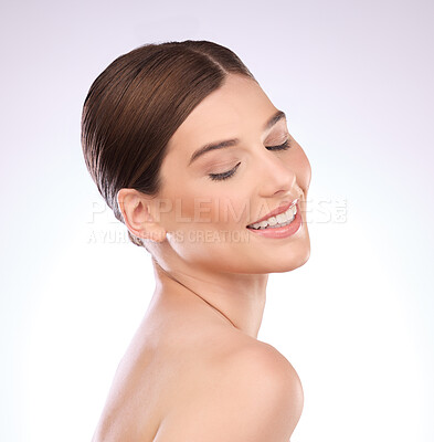Buy stock photo Woman, beauty and face of skincare, smile and laser transformation on studio background. Happy model, facial aesthetic and wellness for salon cosmetics, healthy shine and clean dermatology results 