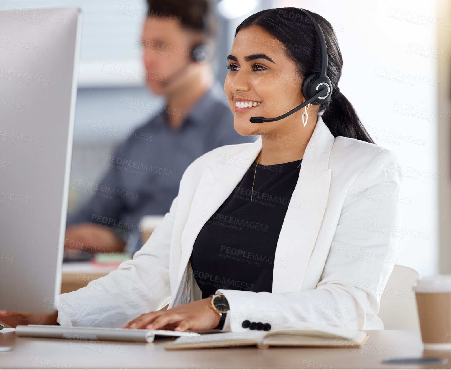 Buy stock photo Happy woman, call center and computer with headset in telemarketing, customer service or support at office. Friendly female consultant or agent with mic sitting by desktop PC in contact us for sales