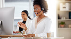 Black woman, call center and consulting on computer with headset for telemarketing, customer service or support at office. Happy African American female consultant or agent in contact us for sales