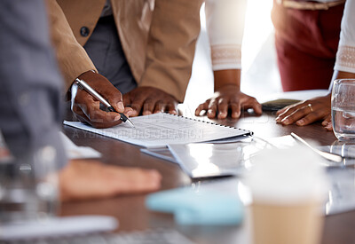 Buy stock photo Hands, documents and meeting with a business man signing a contract in the office during a negotation. Accounting, collaboration or finance with a manager and employee group reading a checklist